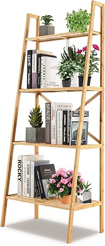 Miniatura 8 de Tangkula Estantería de escalera de bambú de 4 niveles soporte de exhibición de plantas independiente con dispositivo anti-inclinación estante de