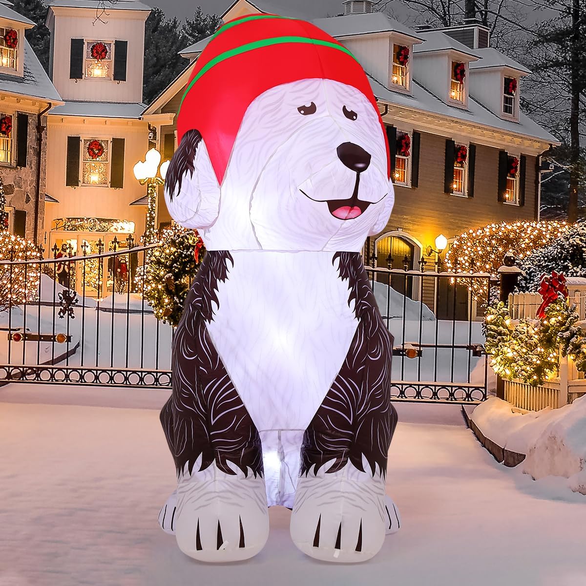 COMIN 5 FT Tall Christmas Inflatables Outdoor Decorations Blow Up Xmas Old English Sheepdog Carrying Presents with Built-in LEDs for Christmas Indoor Outdoor Yard Lawn Garden Decorations
