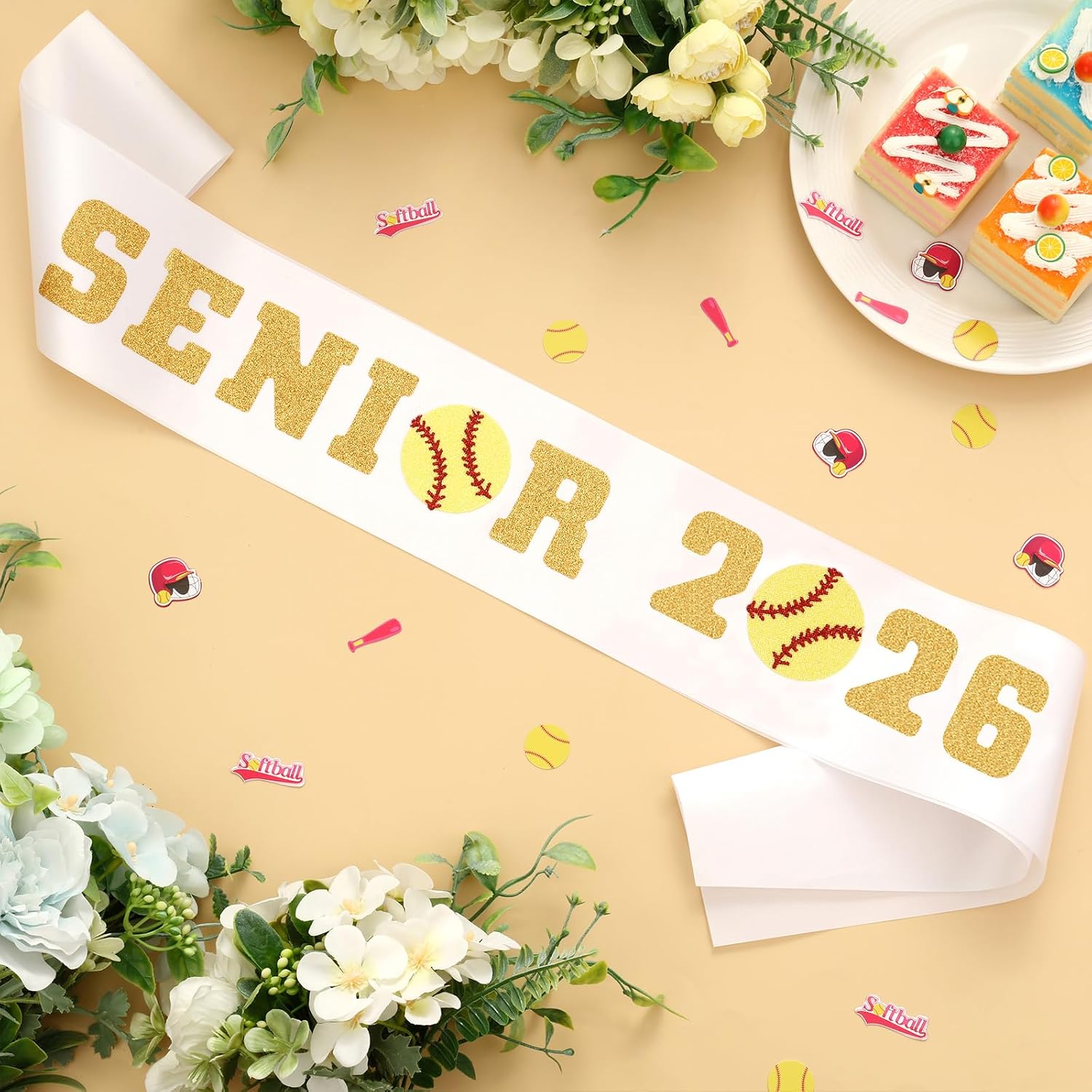 Serencatcher 12Pcs Senior Sash 2026 Softball, Senior Sashes Class of 2026 Softball Senior Night Party Decorations Graduation Senior Cheer Sashes Cheerleader Satin White Sash with Gold Glitter Letters