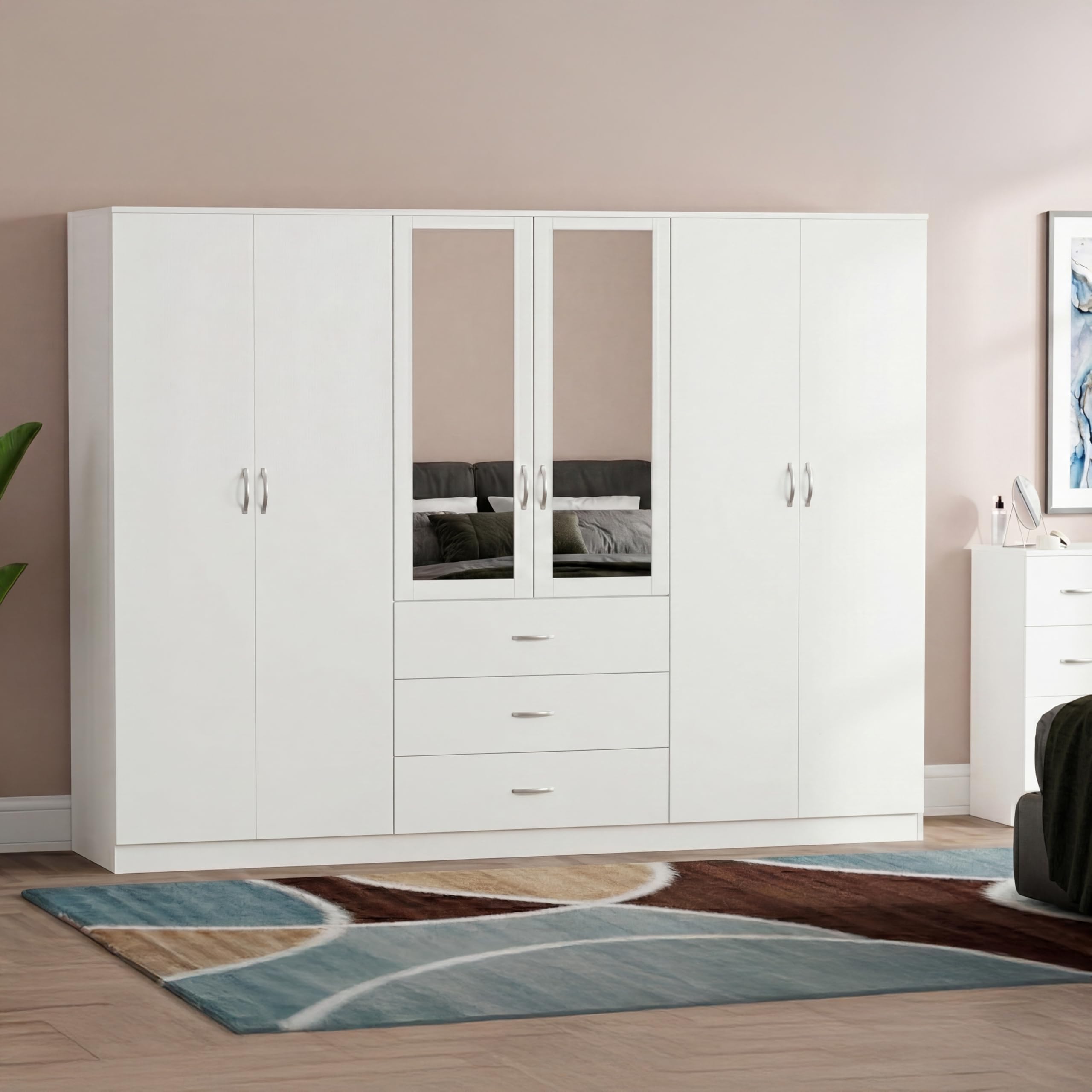 Riano 6 Door 3 Drawer Mirrored Wardrobe | White | Bedroom Furniture | 175H x 230W x 54D cm | With Storage Shelf & Hanging Rail | Large Capacity Storage