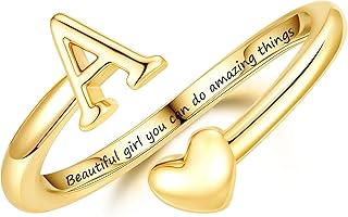 Turandoss Mothers Day Gifts for Daughter Girls Kids - Teen Girl Gifts Trendy Stuff, 14K Gold Plated Initial Letter A-Z Adjustable Heart Ring, Personalized Gift for 3-16 Year Old Girls Birthday Jewelry