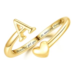 Turandoss Anillos de corazón con inicial para adolescentes, niñas, niños | Regalos de cumpleaños para niñas de 6 a 16 años, chapado en oro de 14 quilates, anillo ajustable con letra A-Z