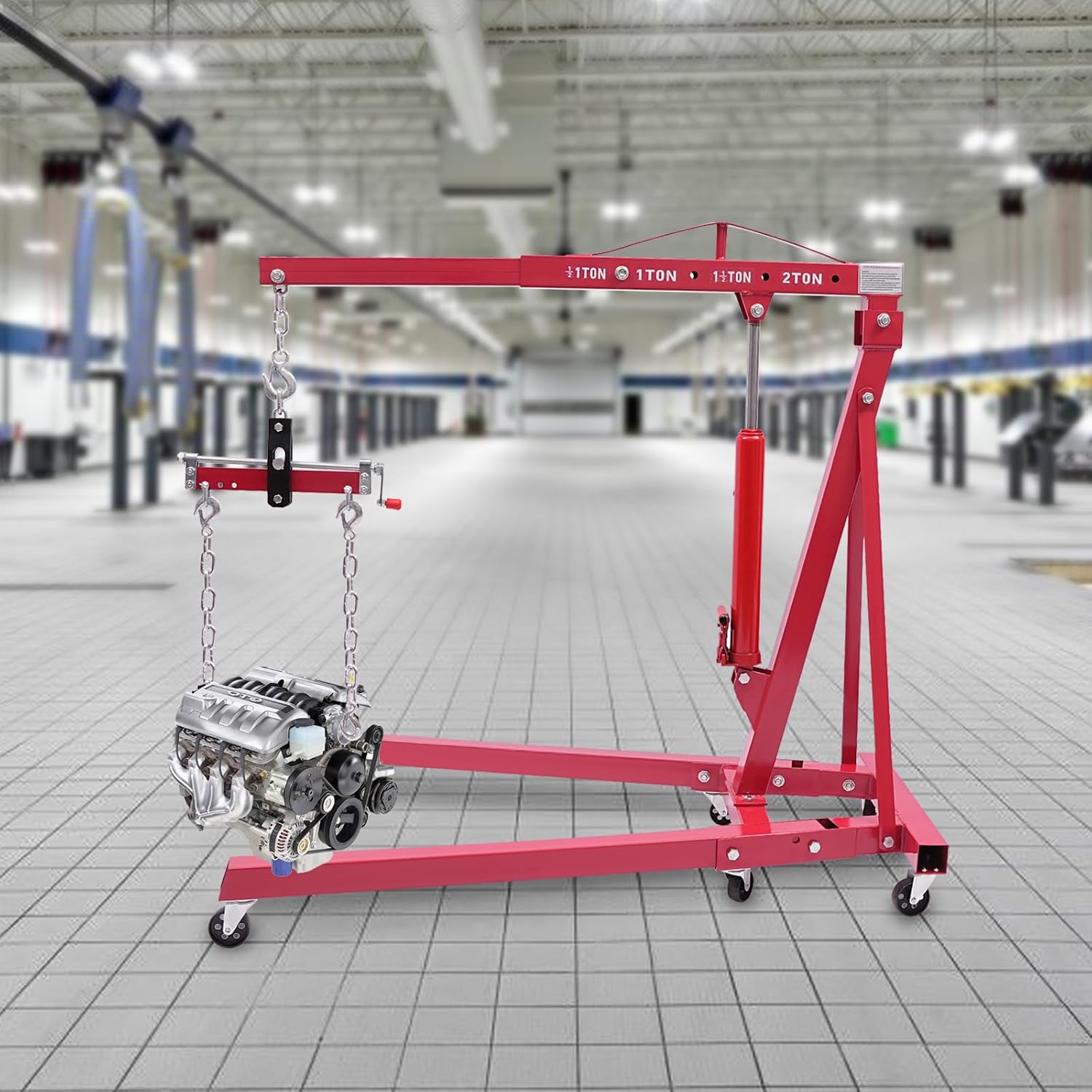 2 Ton 4400lbs Load Capacity Folding Engine Hoist with Engine Leveler, Hydraulic Engine Crane Hoist with 6 Iron Caster Wheels for Car Fixing Garage Workshop, Send Two Packages (Red)