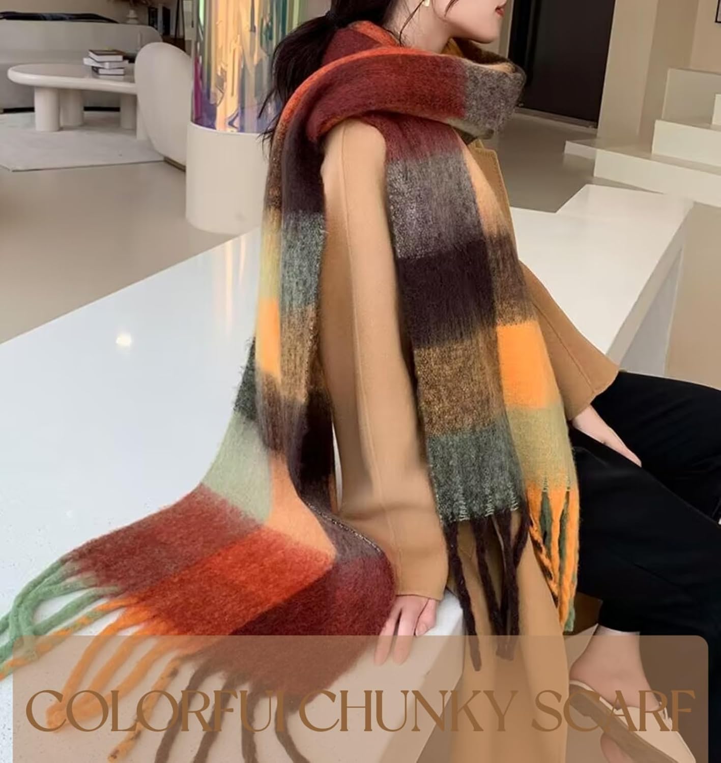YSense Womens Winter Scarf Chunky Oversized Plaid Thick Blanket Scarf Big Coloured Warm Shawl Wrap - Image 3