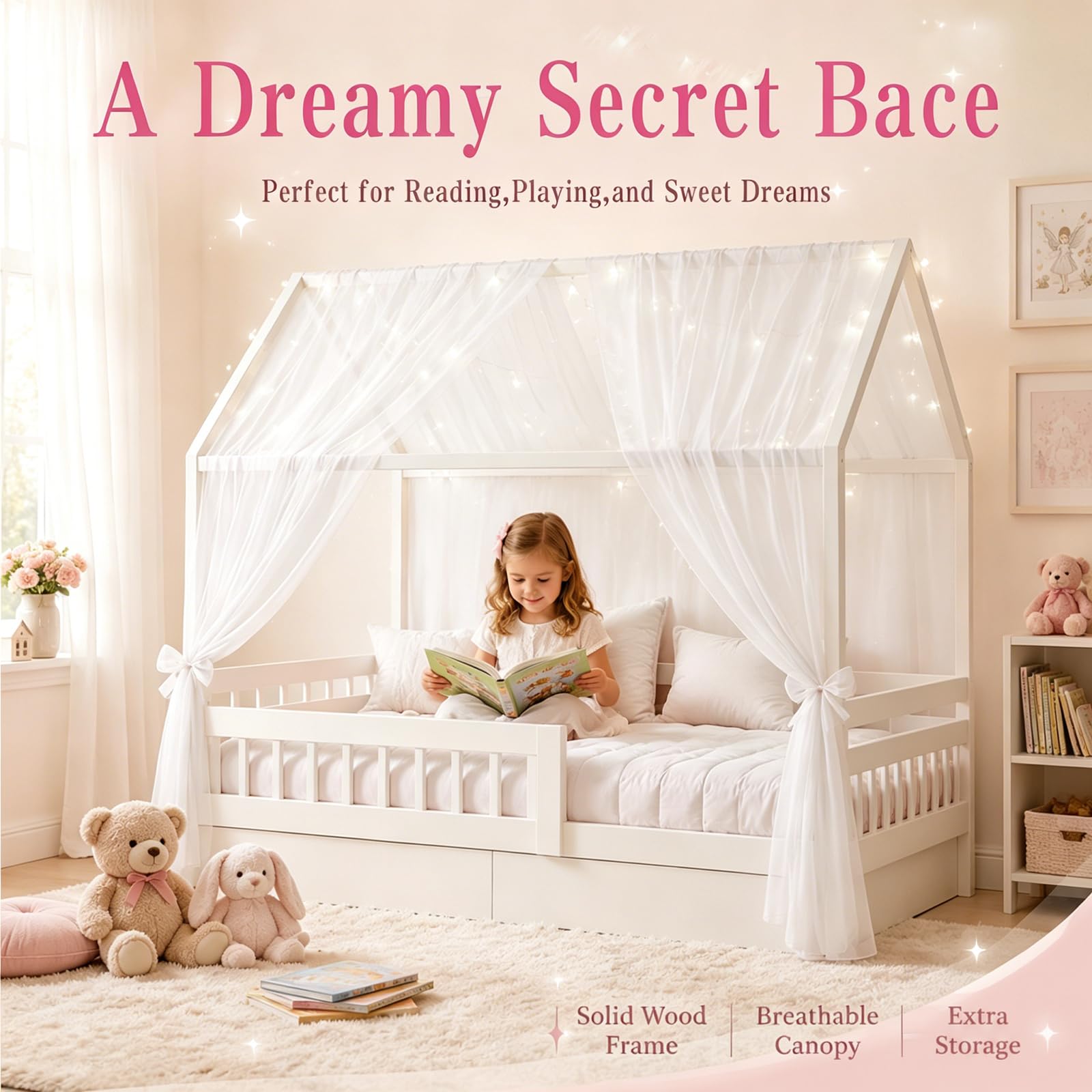 2 Pezzi Letto a Baldacchino per Bambini Tenda Decorativa Cameretta Infantile Universale per Ragazzi e Ragazze Dimensione 150x350cm (Bianco)