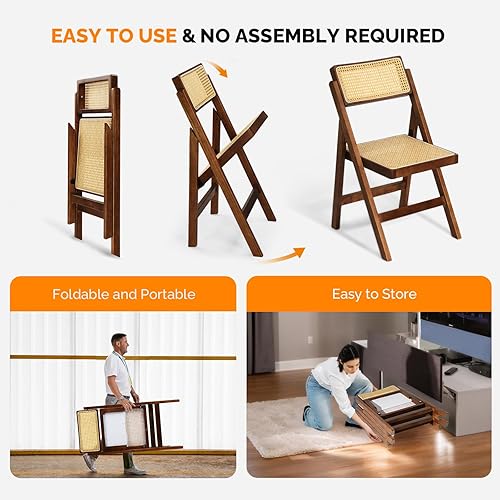 Miniatura 6 de VINGLI Silla de comedor de ratán, silla plegable de madera con respaldo giratorio de 360, marco de madera de caucho y asiento y respaldo tejidos de