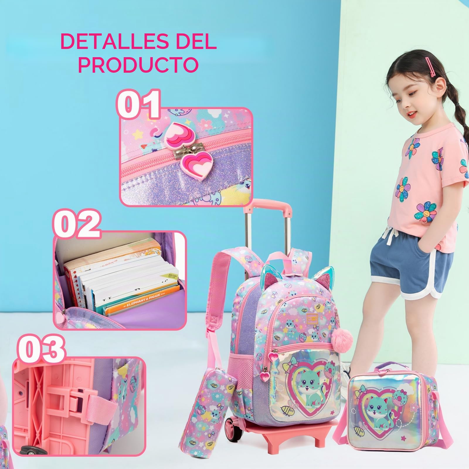 17" Mochilas Escolares con Ruedas Carro Niña Mochila Escolar
