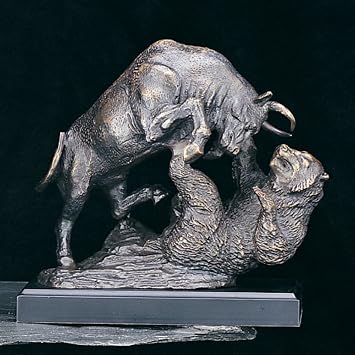 Bey-Berk Bull & Bear Fight Sculpture with Cast Metal, Bronzed Finish, Wood Base, 9.5" L x 5" W x 9" H