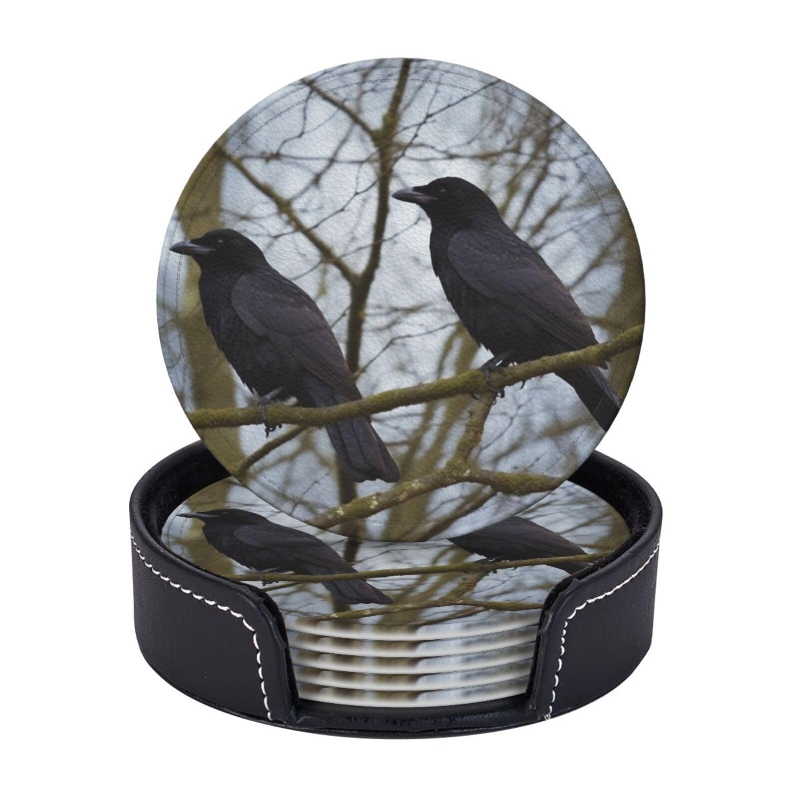 Round Coasters for Drinks Set of 6 - PU Leather Coasters with Holder - Modern Drink Coasters for Coffee Table - Black Crow Birds Coaster for Tabletop Protection 4" Cup Mat Pad
