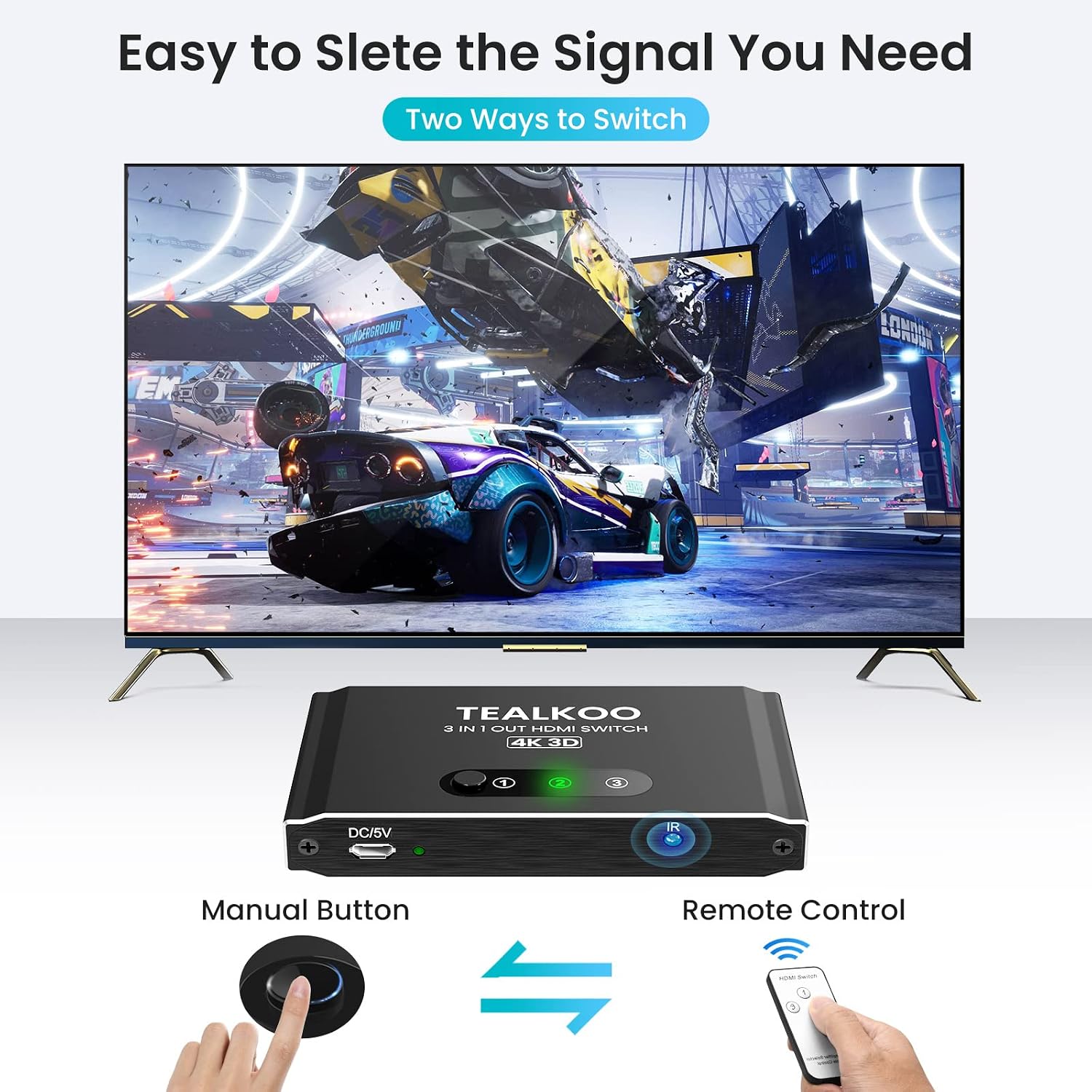 HDMI Switch 3 in 1 Out with Remote, Aluminum HDMI Splitter HDMI Switcher Supports 4K 3D 1080p@60Hz UHD HDR, HDMI2.0 Switch Compatible with PS5/4/3 Laptop DVD Blu-Ray Xbox Roku HDTV Fire Stick
