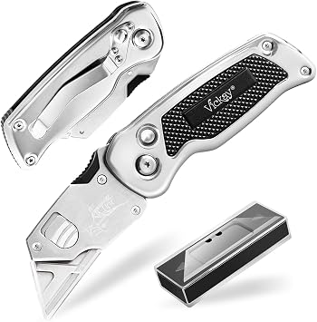 Vickay Folding Utility Knife, All Metal Heavy Duty Box Cutter-Black | Quick Change Blade Razor Knife with Back-lock Mechanism and 5 Extra Blades for Cartons, Cardboard, Boxes, Carpet, Leather