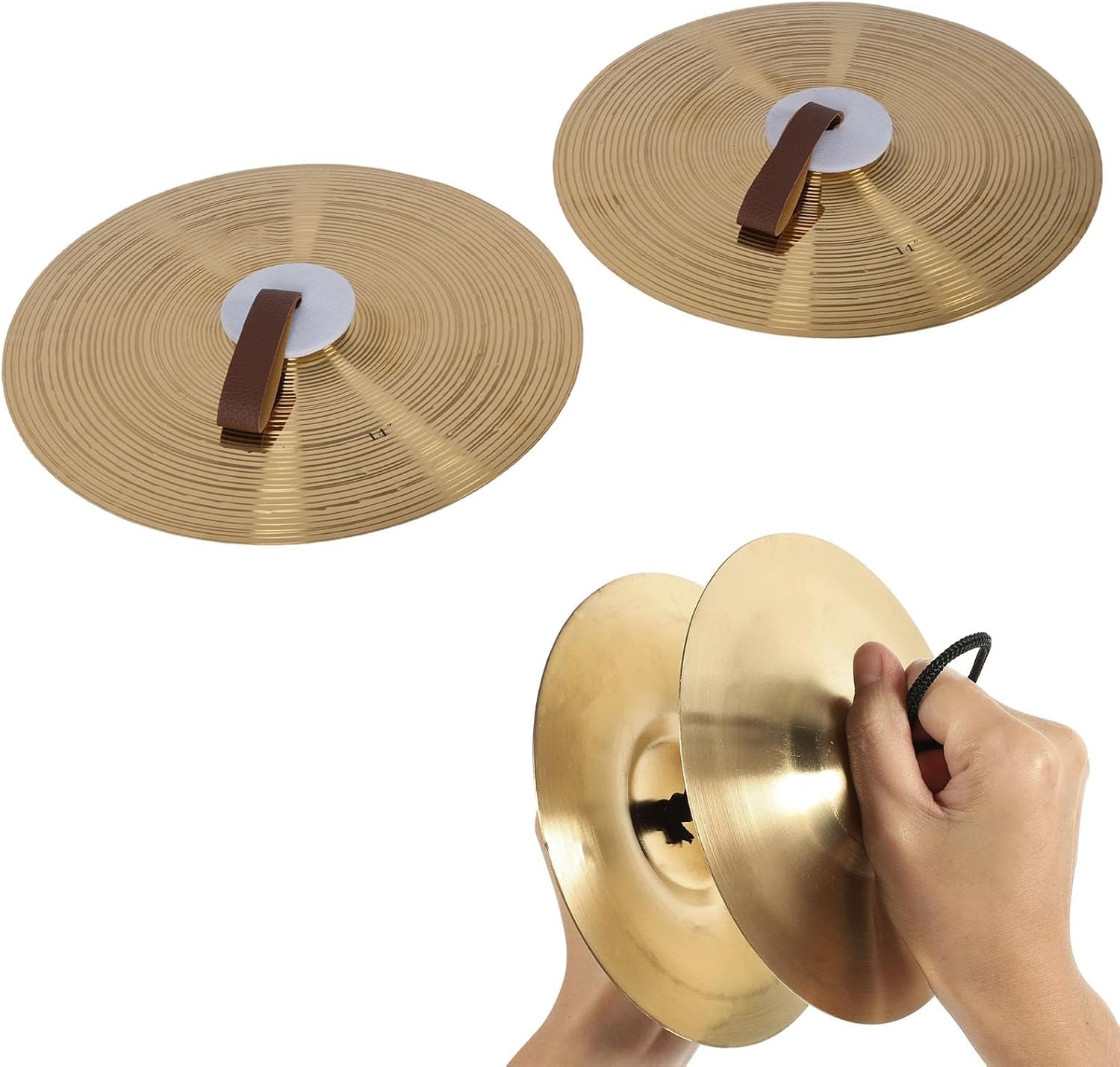 WALFRONT 2Pcs Cymbals 14 Inch Alloy Beginner Drum Cymbals with Finger Leather Straps Enhance Expression for Student Bands Rock Jazz Practice