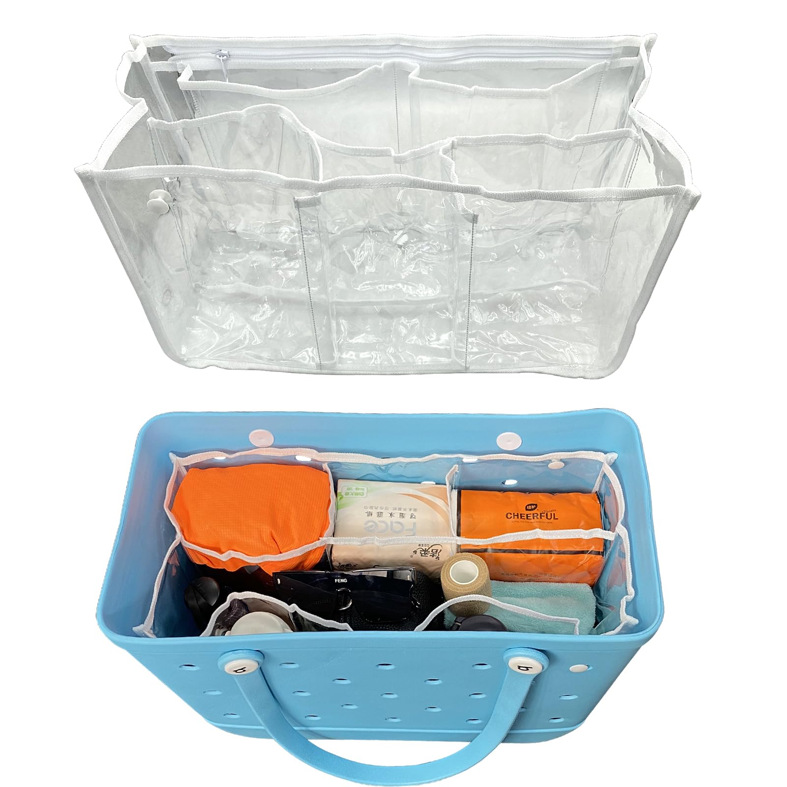 Clear Bogg Bag Organizer - X Large Bench Bag Insert Accessories Compatible with Bogg Bag - Waterproof Organizer Divider Pouch Zipper 5 Pockets Must Have Accessory (White)