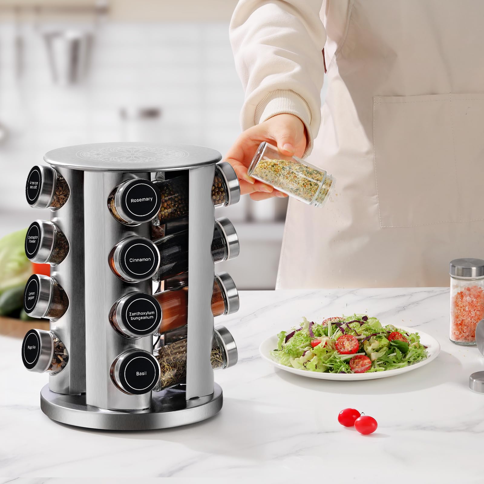 Carrousel à Épices en Acier Inoxydable avec Verres à Épices Ronds 20 * 100ml, Porte Épices Cuisine Rotatif, Étiquette en Français