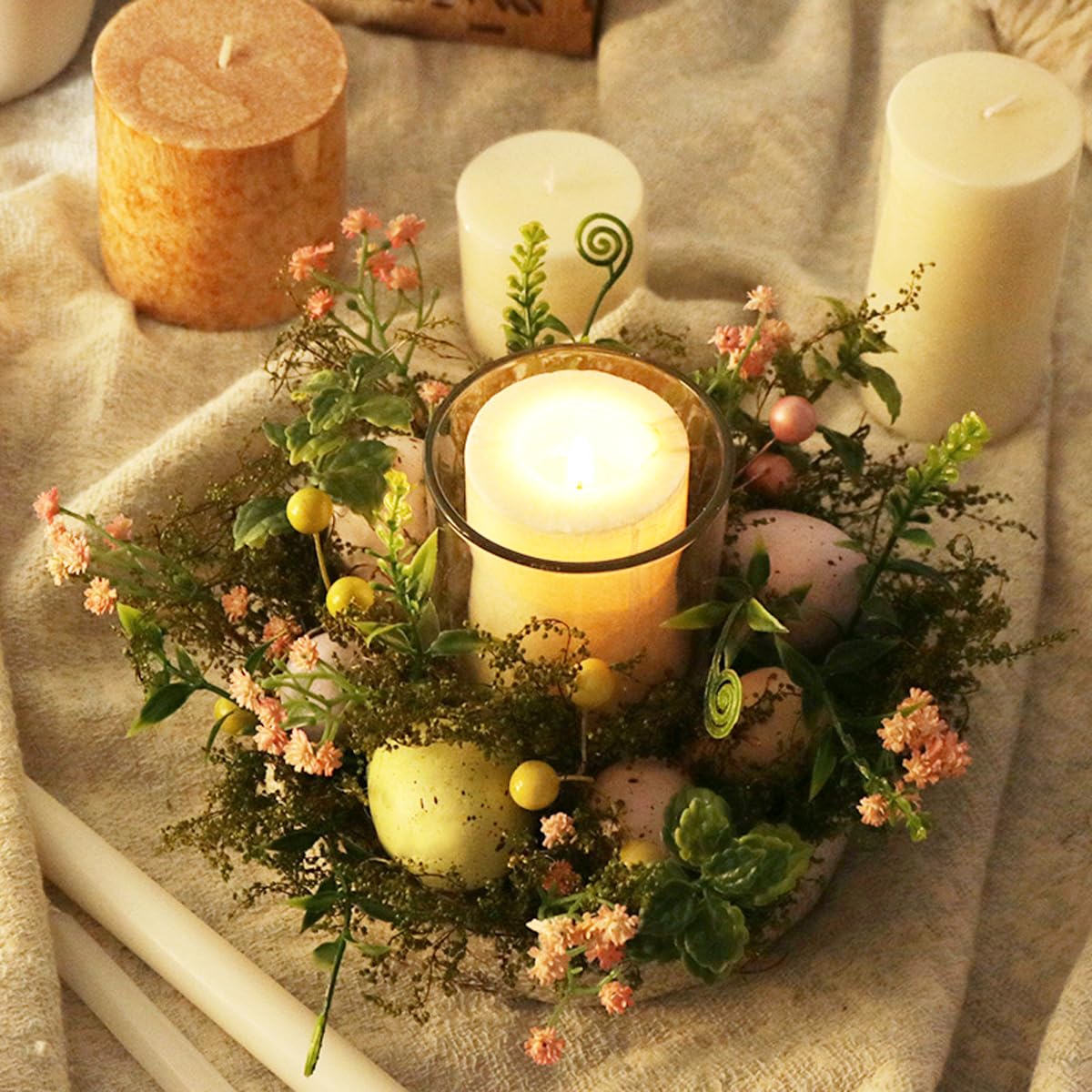 Ostereier Kerzenhalter Aus Glas – 7 Cm Durchmesser, 7,6 Cm Hoch – Mit Künstlichen Blumen, Frühlingsdekoration