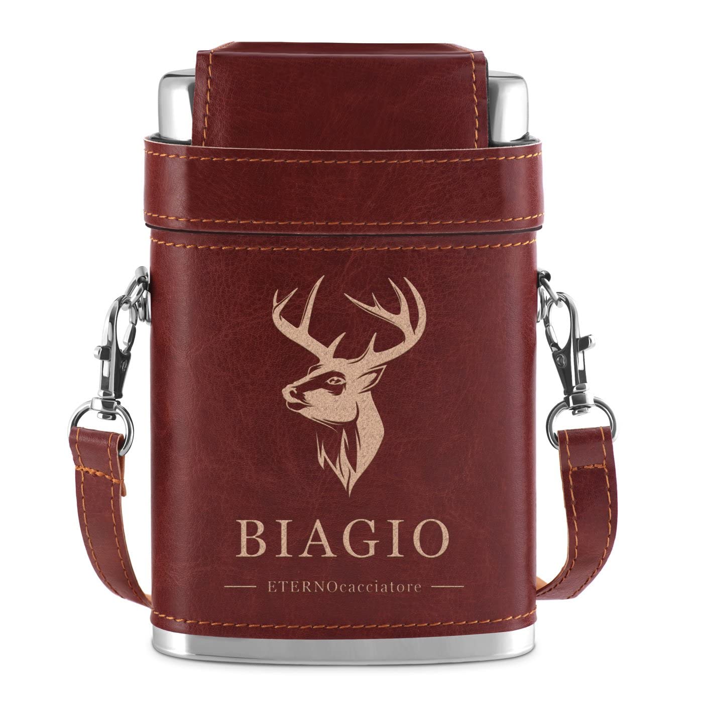 Maverton Fiaschetta in metallo rivestita in pelle - in acciaio con tre bicchierini - dimensioni 15cm x 9,5cm x 3cm - incisione personalizzata - perfetta idea regalo per uomo - cervo