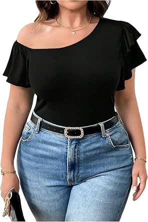 SOLY HUX Women's Plus Size Summer Top - Deep V-Neck, Short Sleeve, Wrap Ruffle Hem Blouse