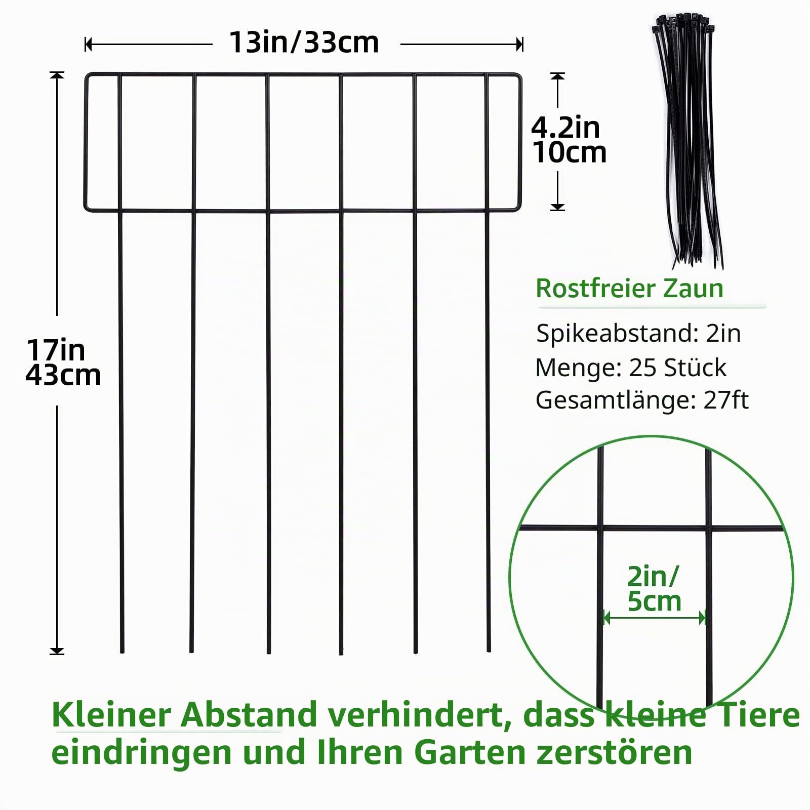 25 Stück Steck Gartenzaun Metall,43.2 cm (H) x7.8 m (L) Mobiler Zaun Camping Elemente,Begrenzungszaun für Weide Hunde Hühner Geflügel