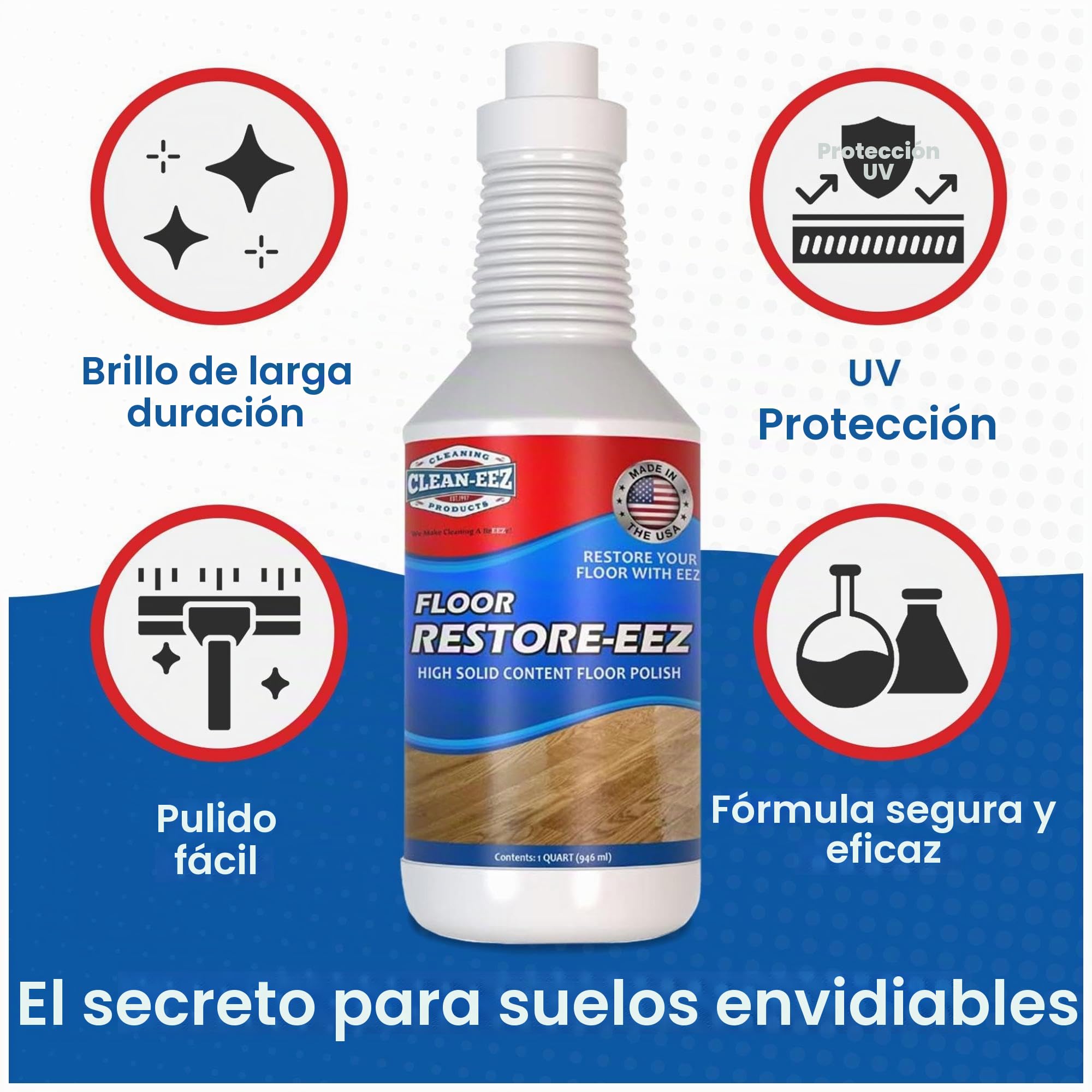 Clean-eez Ultimate - Restaurador y pulido de pisos: revitaliza, protege, brilla madera, laminado, vinilo, bambú, pizarra, terracota y más. Contenido sólido inigualable en acabado de polímero con