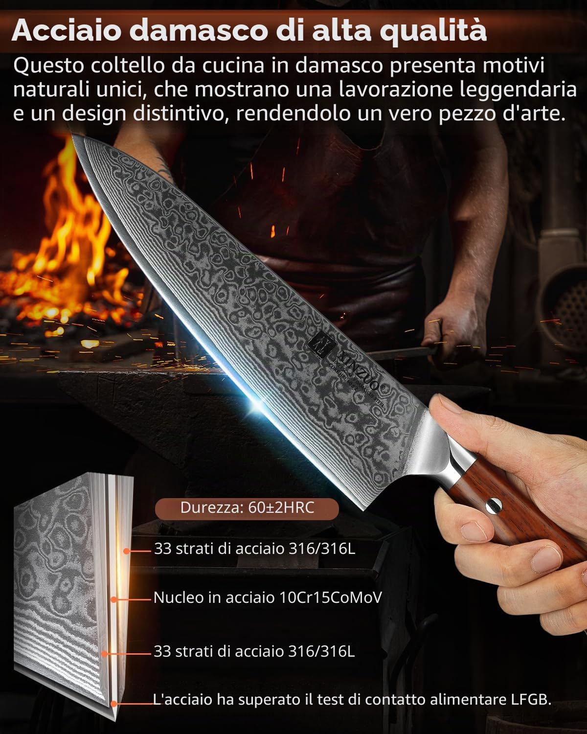 XINZUO Coltello da Chef 21cm Professionale Gyuto 10Cr15CoMoV Acciaio Damasco Manico Legno di Rosa
