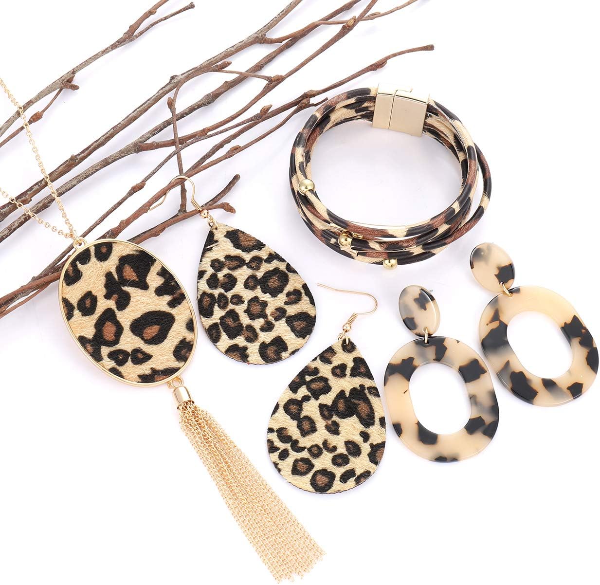 Leopard Necklace, Earrings, Wrap Bangle, Bracelets for Women - Leather Drop, Resin Acrylic Earrings, Long Tassel Pendant - Statement Print Leopard Jewelry Set - Image 2