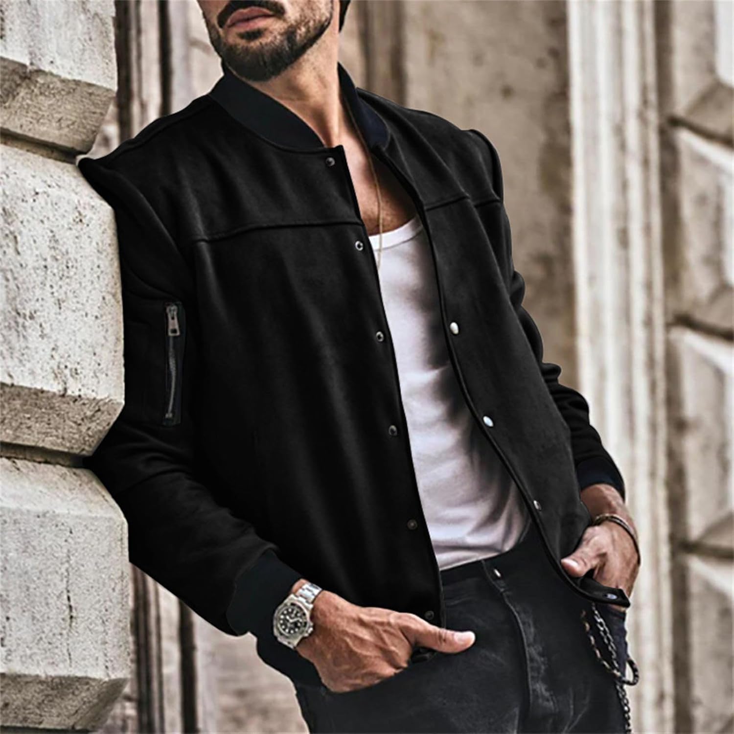 Men's Casual Varsity Jacket Vintage Lightweight Suede Bomber Jackets Classic Button Pure Color Flight Lounge Coats