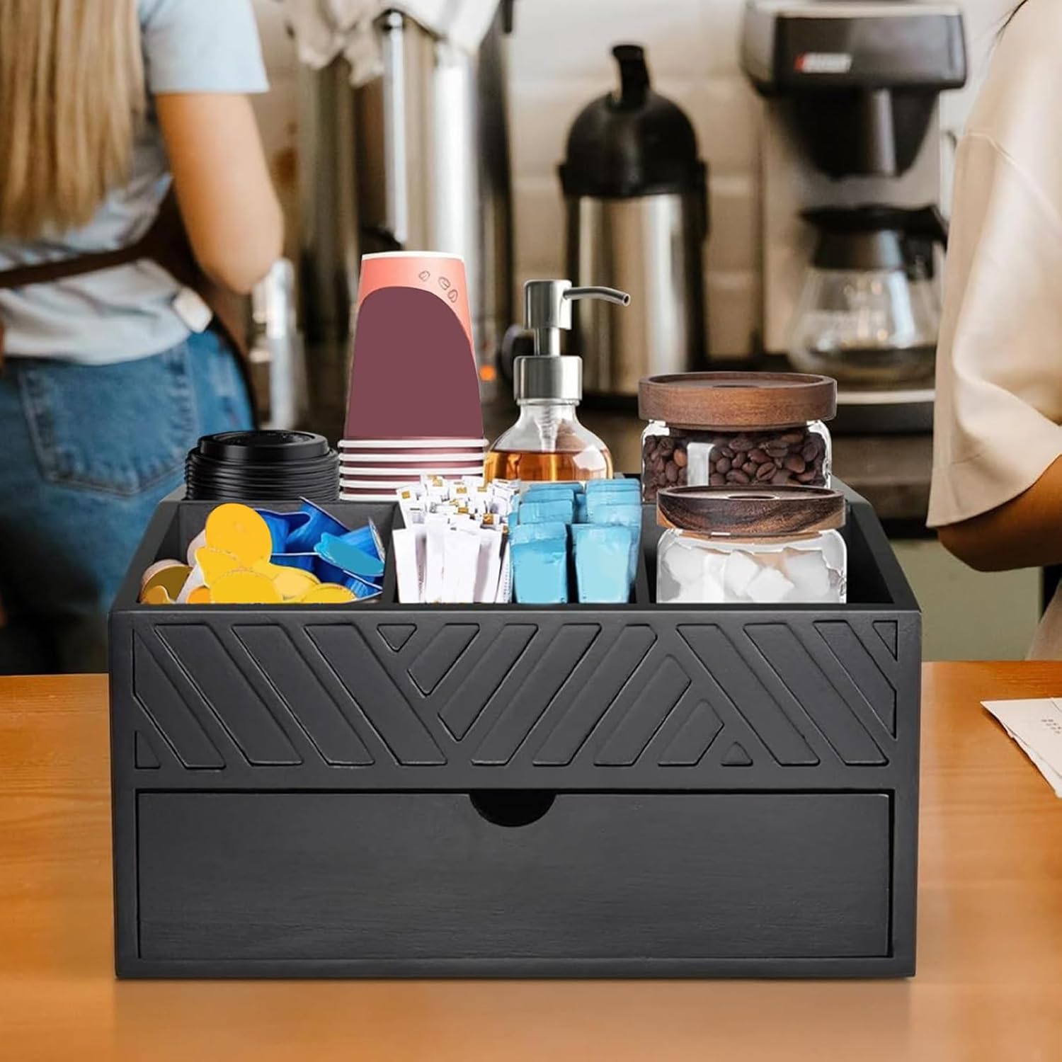 コーヒーステーション収納オーガナイザー - 仕切り付き ティー＆調味料 収納トレイ,滑り止め付き木製コーヒー収納 カフェ・卓上・寝室