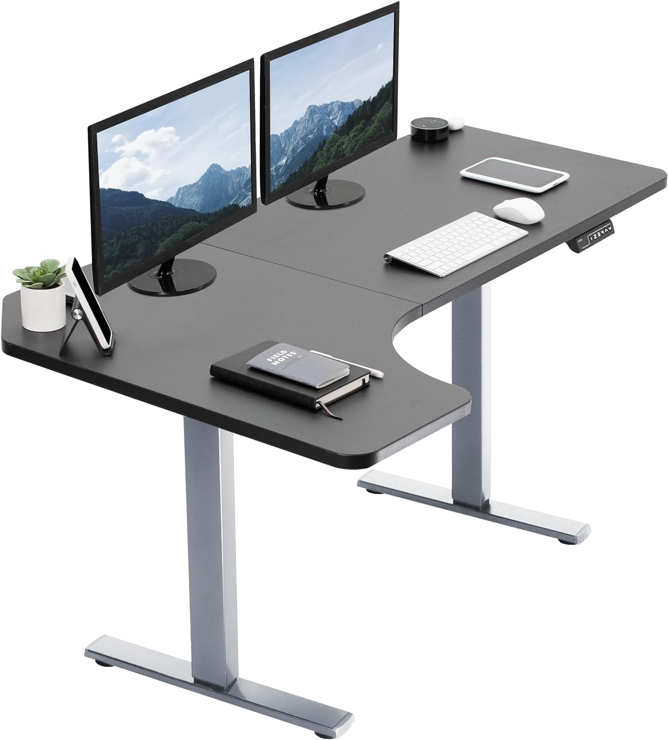 VIVO Electric Corner 58 x 35 in L-Shaped Standing Desk, Memory Height Adjustment, Holds 220 lbs, Reversible Black Top, Gray Frame, DESK-KIT-1GRB