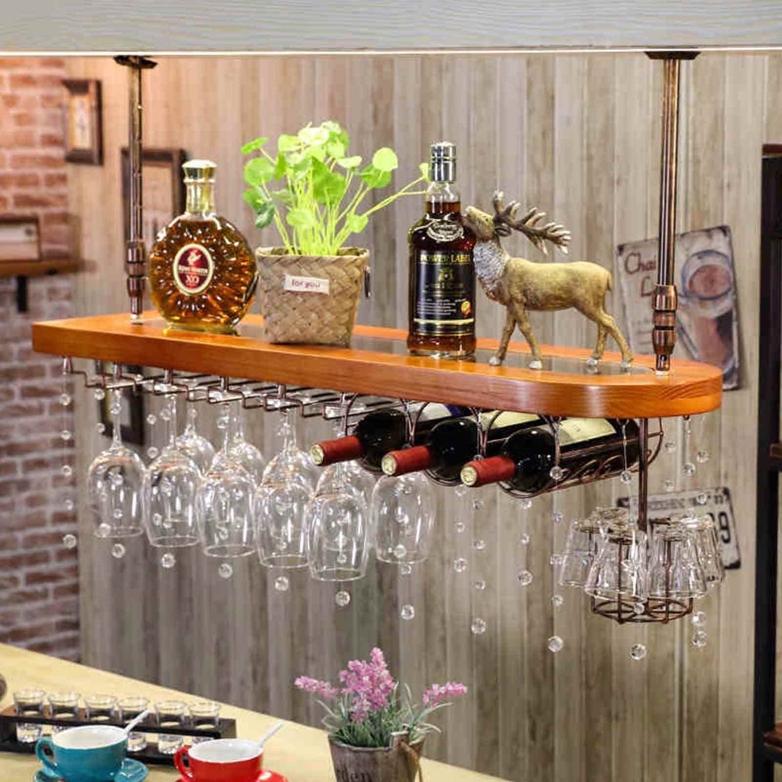 Casier à vin suspendu en bois massif et porte-verres pour un plafond élégant