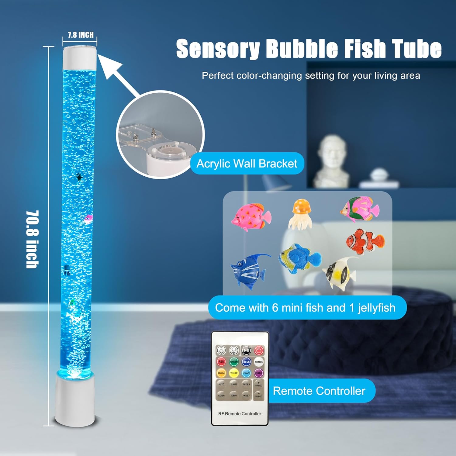 6FT Super Large Sensory Fish Bubble Light Tube, Wall Mountable Aquarium Column with Remote & 8 Color Changing Lights – Calming Sensory Night Light for Kids, Adults, and Special Needs