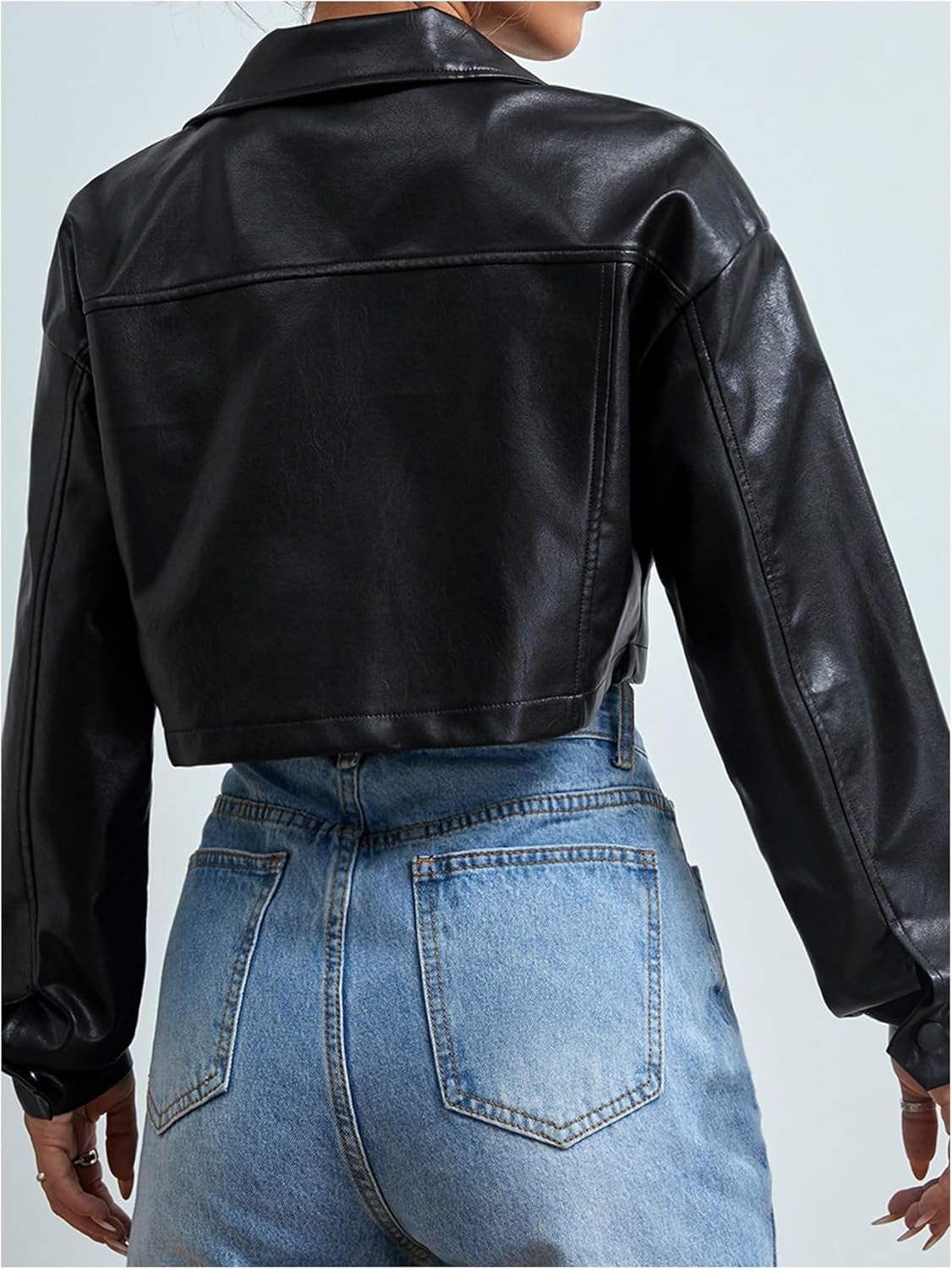 GORGLITTER Women's Cropped Leather Jacket Trendy Long Sleeve Button Down Moto Biker Jacket Fashion Coat Outerwear - Image 2