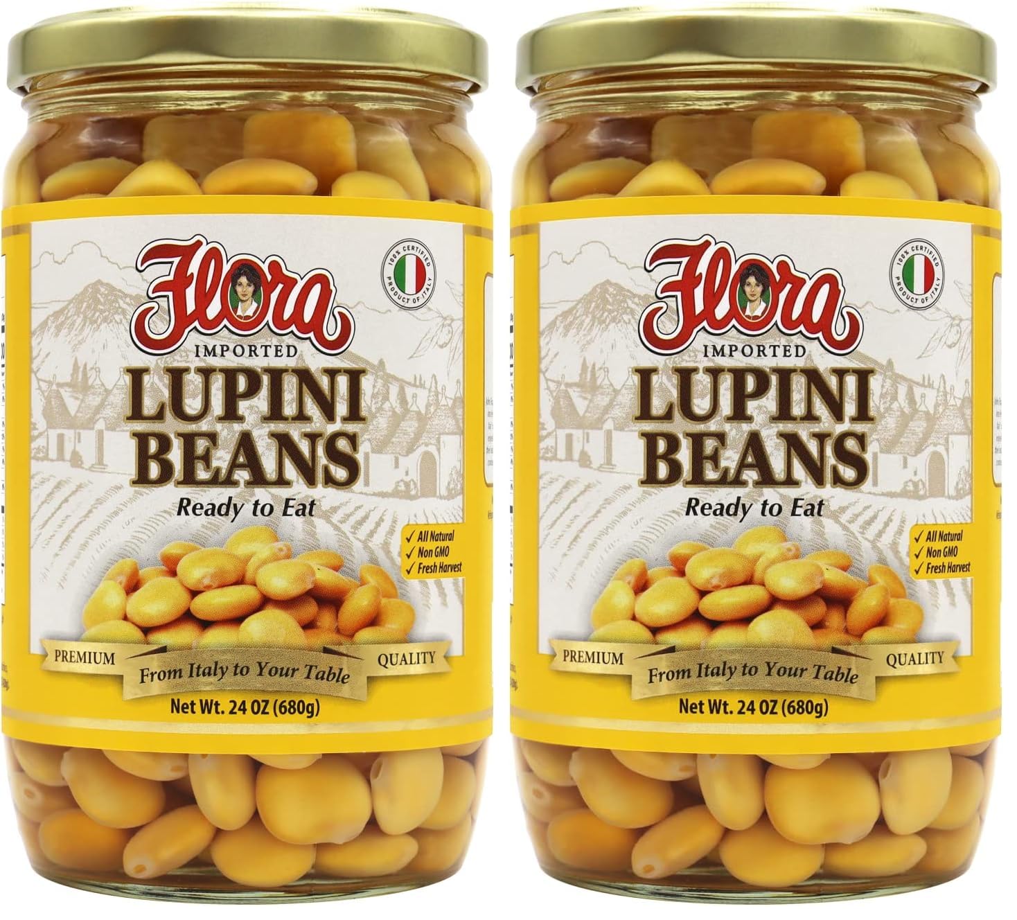 Flora Foods Lupini Beans | Ready to Eat Healthy Snack | 24 oz. Jar (680g) | Imported 100% Italian | All Natural | Non GMO | Fresh Harvest | From Italy to Your Table (Pack of 2)
