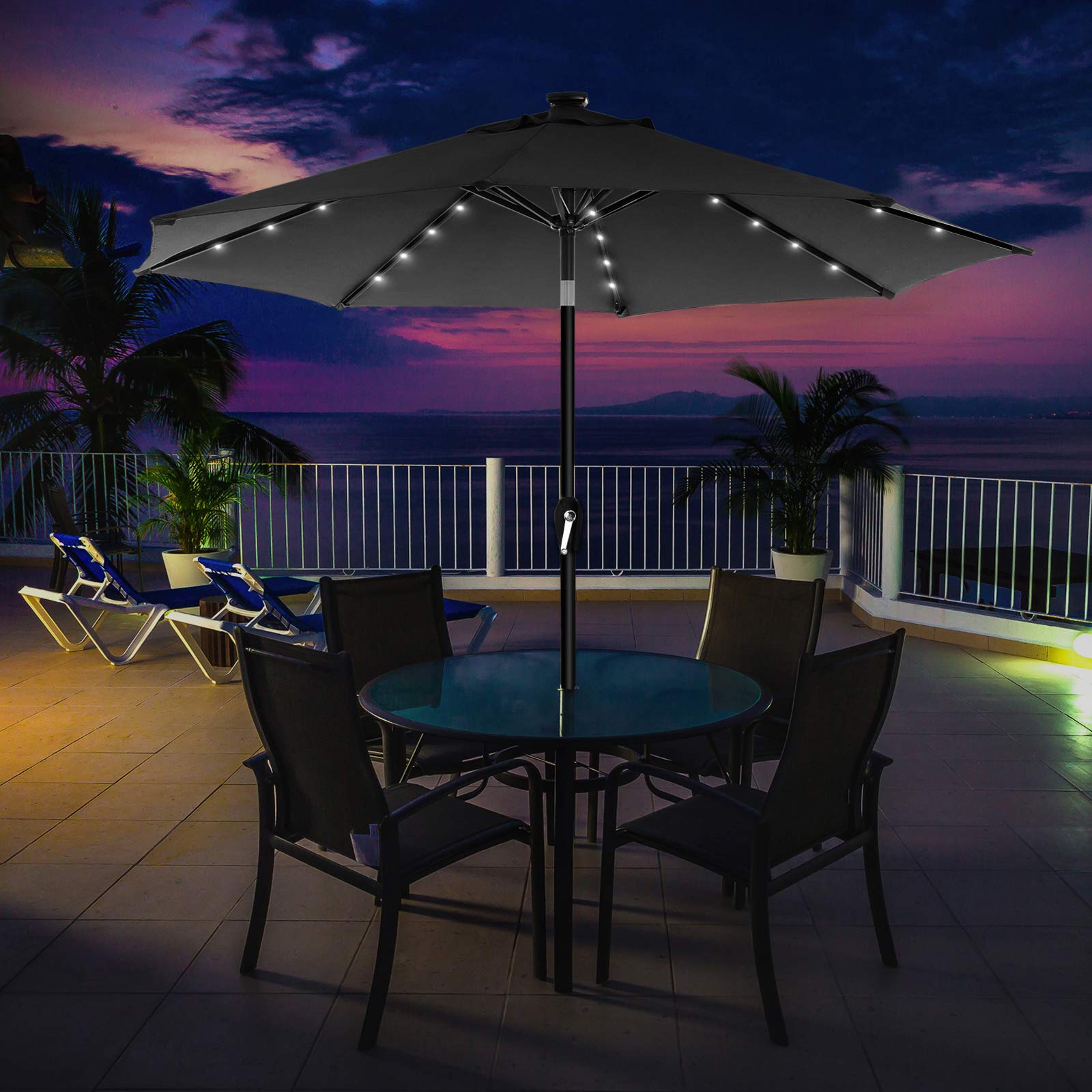SONGMICS Parasol 300 cm avec éclairage solaire LED, 32 lumières LED, protection UV UPF 50+, pliable à 30°, pour jardin, terrasse, piscine, balcon, sans support, gris GPU33GY