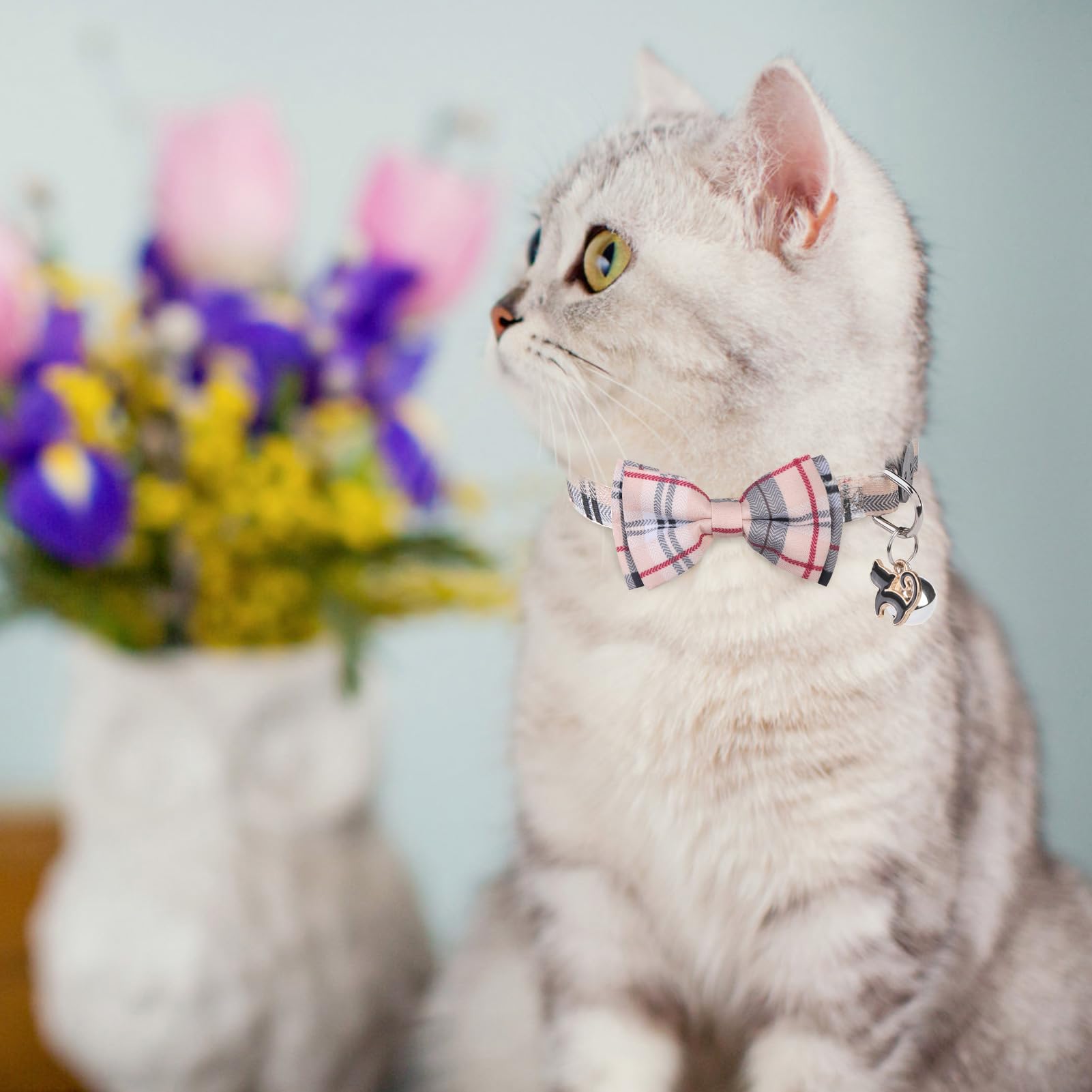 SCENEREAL Lot de 2 colliers pour chat avec clochettes, bandana amovible et réglable avec nœud papillon pour animaux de compagnie, petits chiens, garçons et filles, motif écossais beige