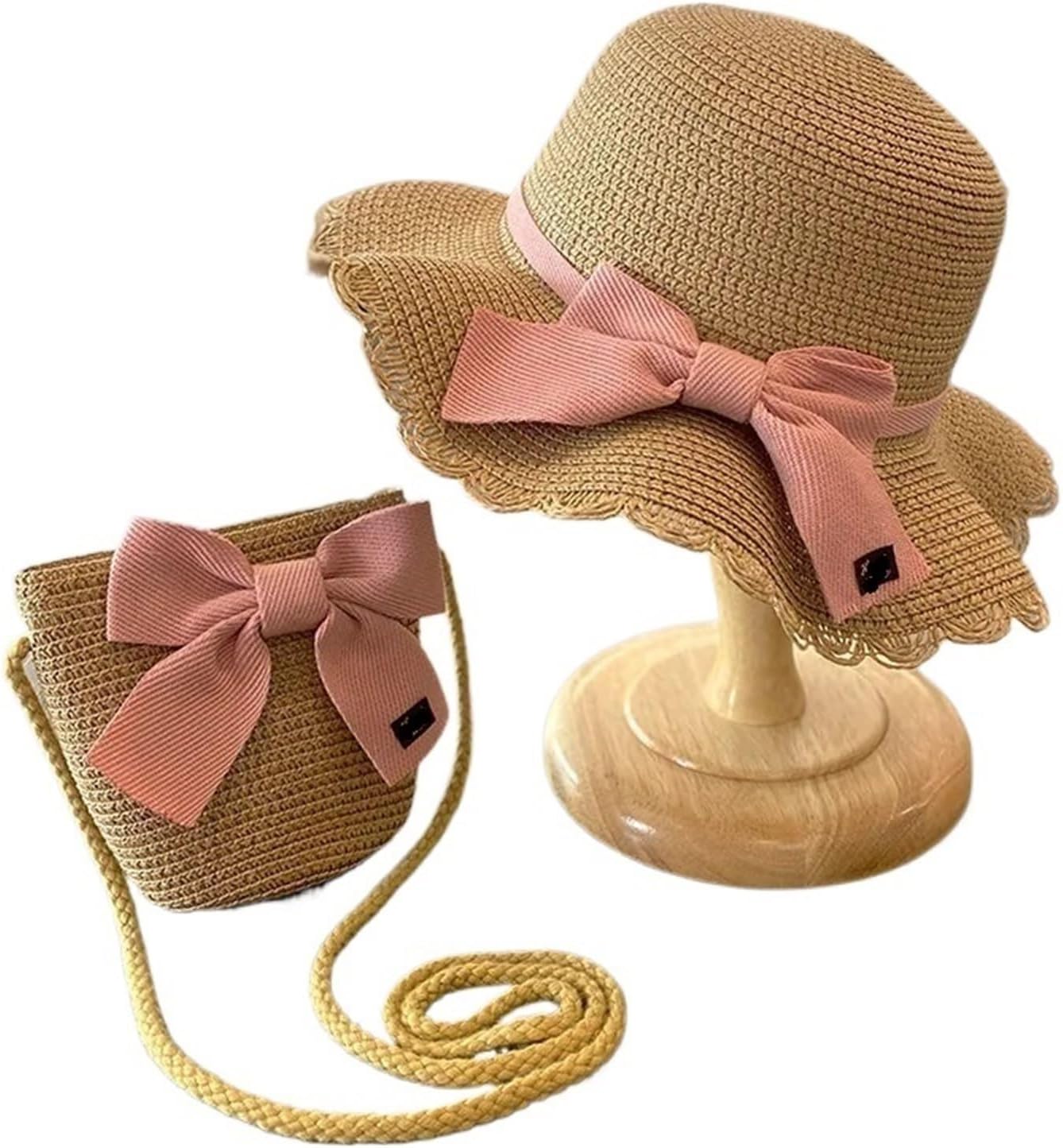 Summer Baby Girls Straw Hat and Bag Set 2-8 Years Kids Bow Wide Brim Lace Holiday Beach Bucket Cap