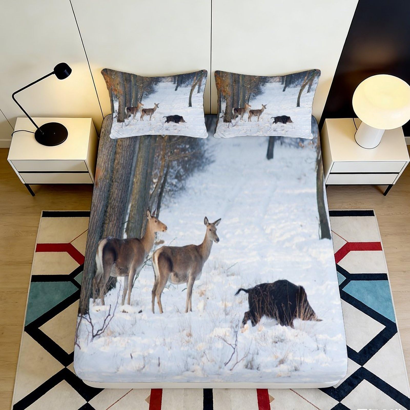 3D Printed Winter Forest Deer Fitted Sheet Microfiber Soft Mattress Cover for Bedroom Guest Room Decor 120x200cm 160x200x25cm