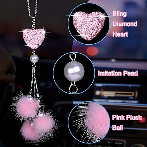 Miniatura 3 de Bling - Espejo retrovisor de automóvil para mujer Wisdompro con diamantes de imitación de corazón de amor perla de imitación y bola de felpa rosa