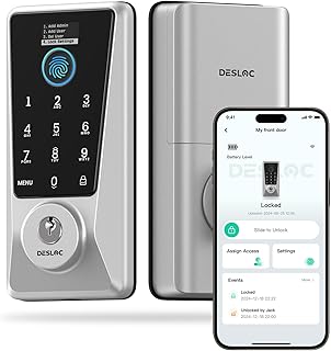 DESLOC Smart Lock D110 Plus, WiFi integrado con control de aplicación, acceso y notificación personalizables, cerrojo de entrada de huellas dactilares sin llave con pantalla LockVue, IP54, grado 3