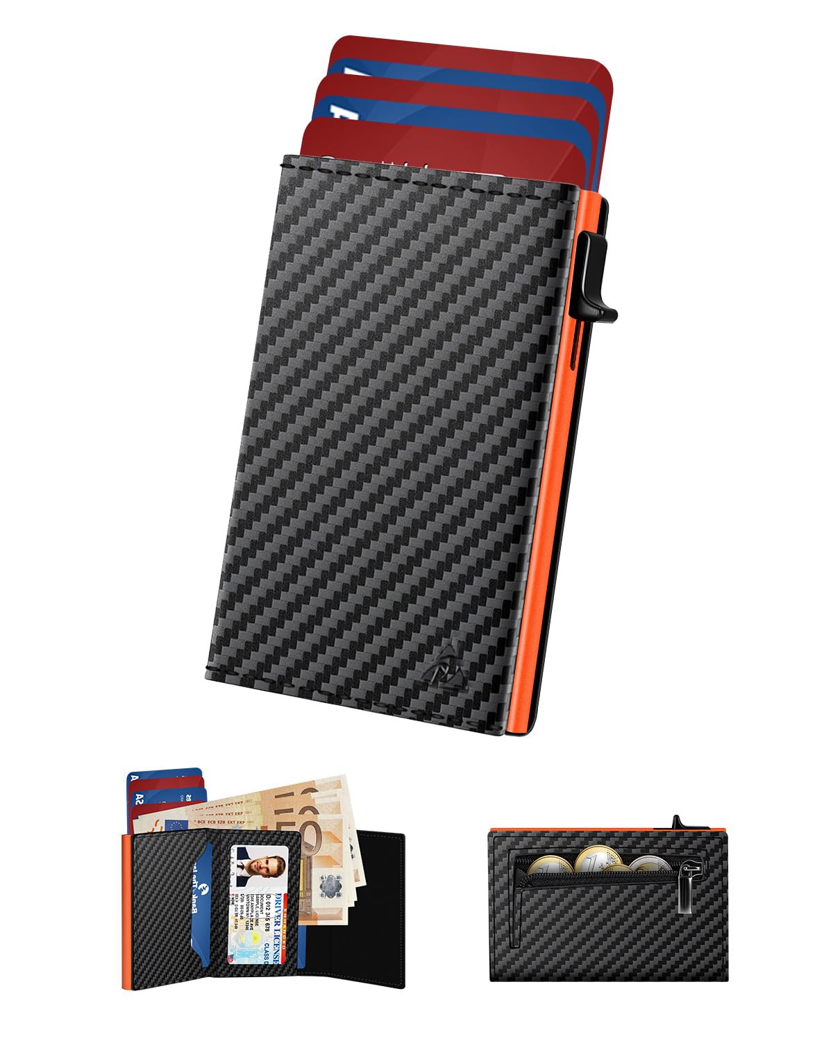 Porta Carte di Credito Uomo Piccolo, Portafoglio Uomo Slim con Chiusura Magnetica e Finestra ID, Portacarte in Pelle pop-up per 11 carte, Porta Tessere con Portamonete e Banconote, Nero e Arancione