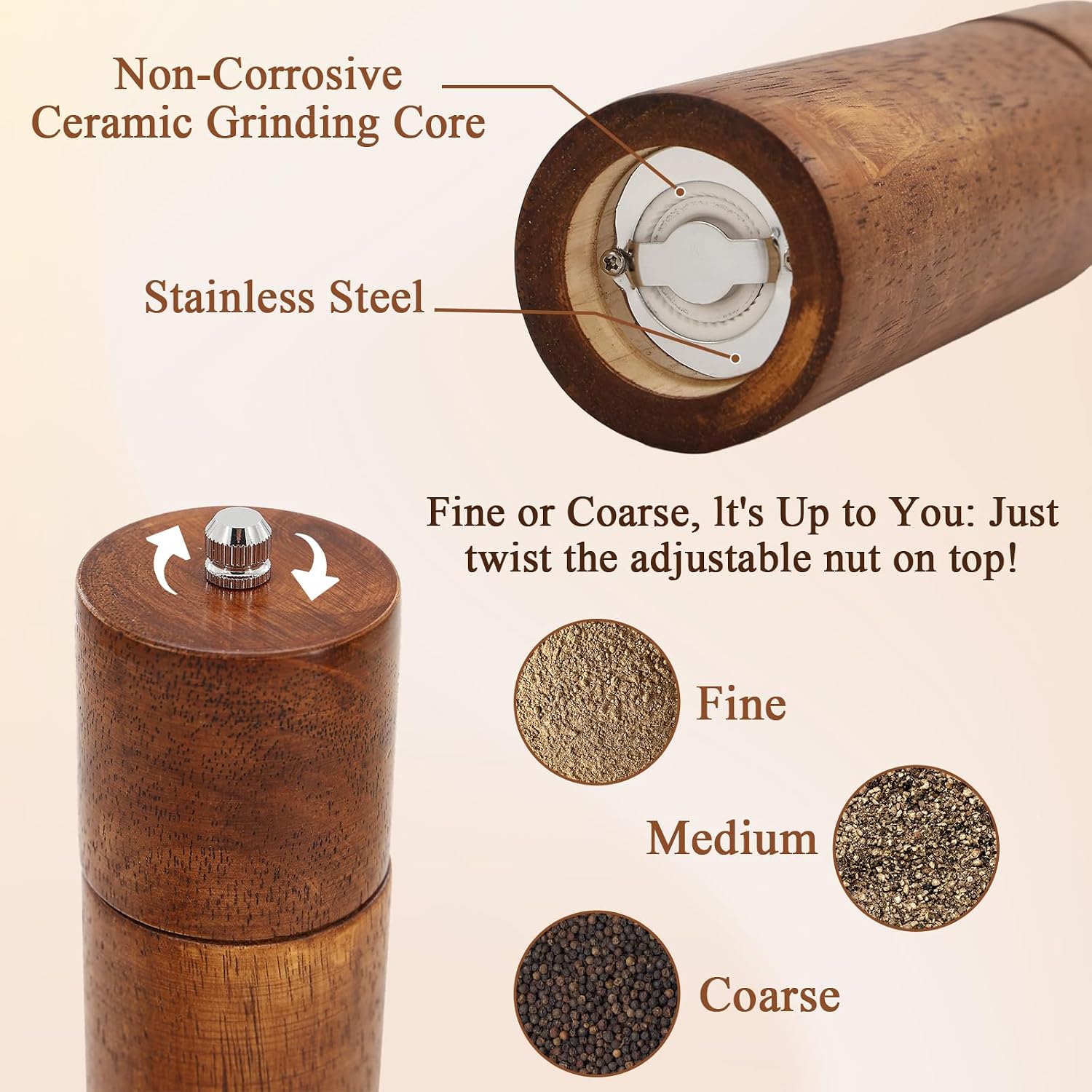 2 Pack Wooden Salt and Pepper Grinders Set Manual, Salt and Pepper Shakers Wood - Manual Adjustable, Premium Oak Wood with Ceramic Core, 8 Inches - Perfect for Seasoning & Tableware