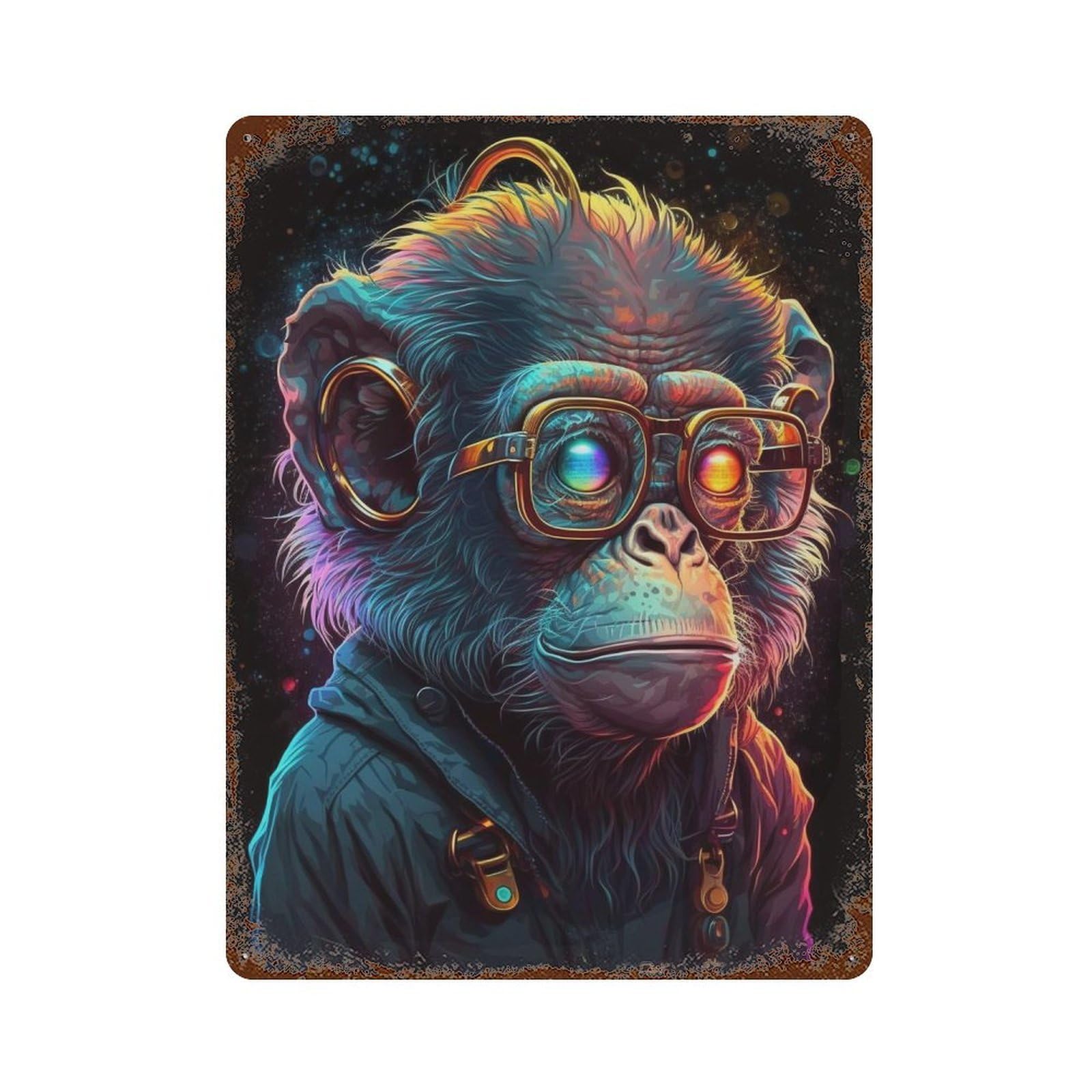 Charming Chimpanzee with Glasses Aged Metal Wall Plaque 15.7"x11.8", for Basement, Hobby Room And Garage Decor, Rustic Home Decor