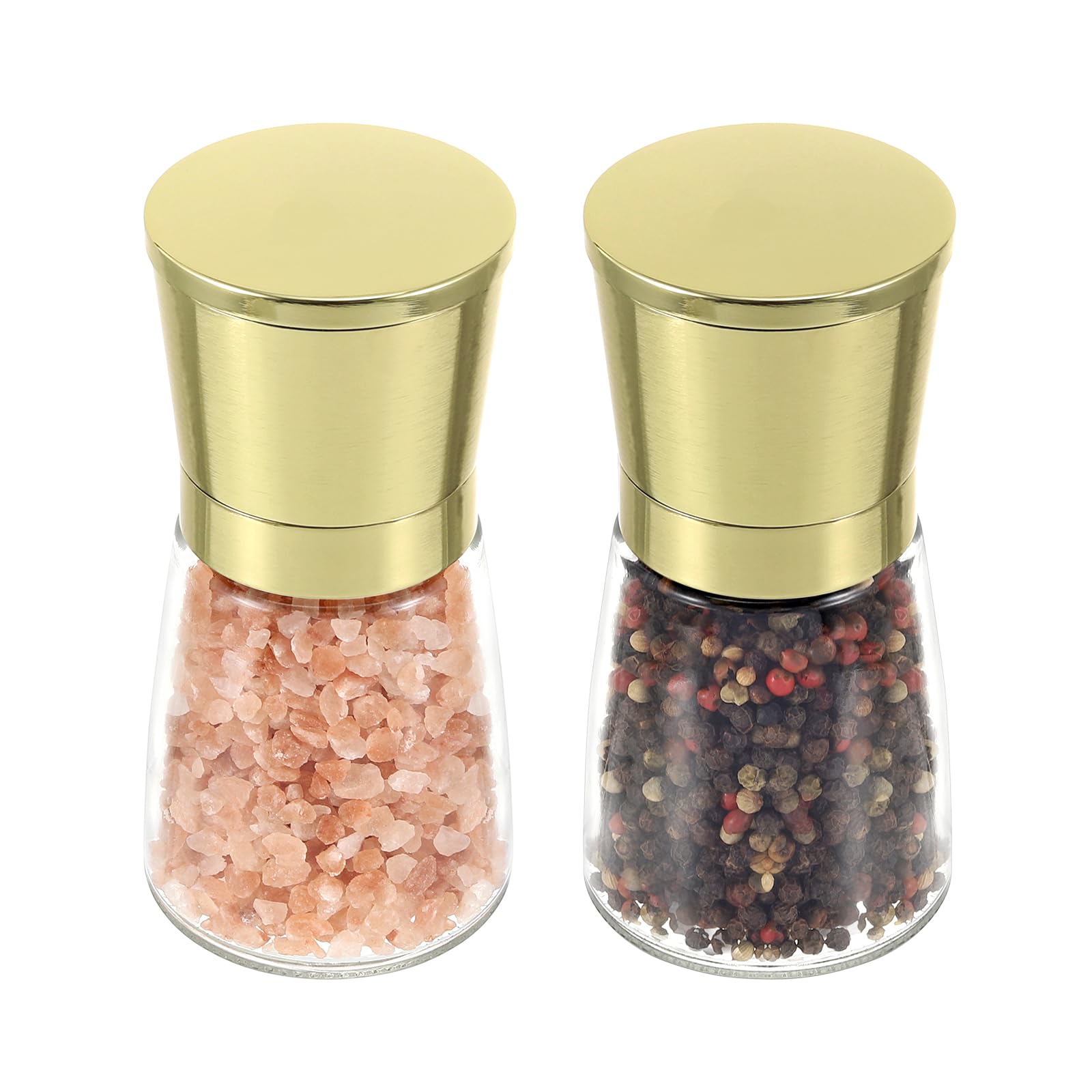 Vzaahu Juego de 2 Molinillos de Sal y Pimienta con Fondo,con Núcleo de Cerámica de Canela,Rugosidad Ajustable,Color Oro