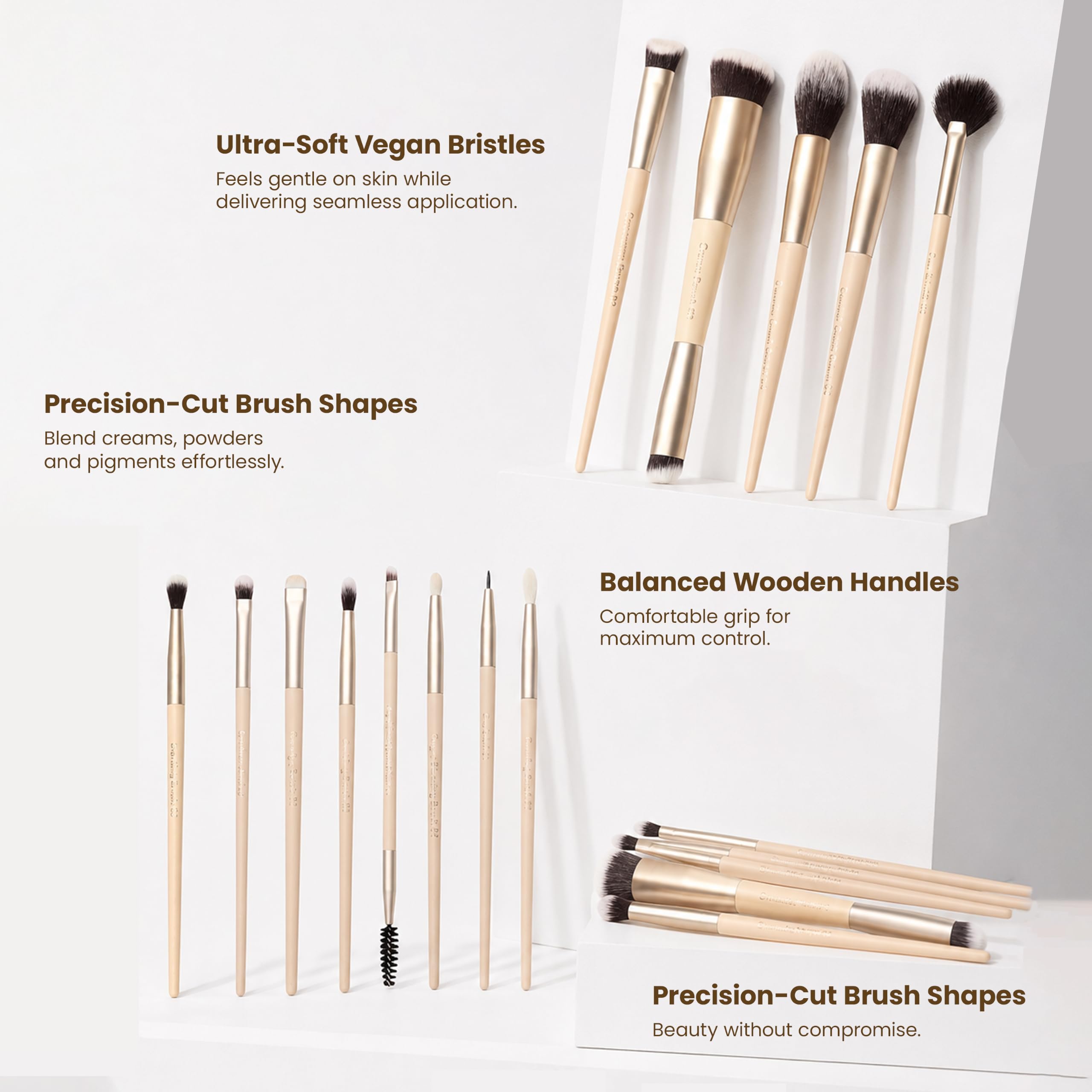 Milagro Beauty Arty Eyes & Face - Set di 13 pennelli da trucco con manico in legno, ghiera in alluminio e setole in fibra vegana, pennello professionale per fondotinta e labbra, con supporto