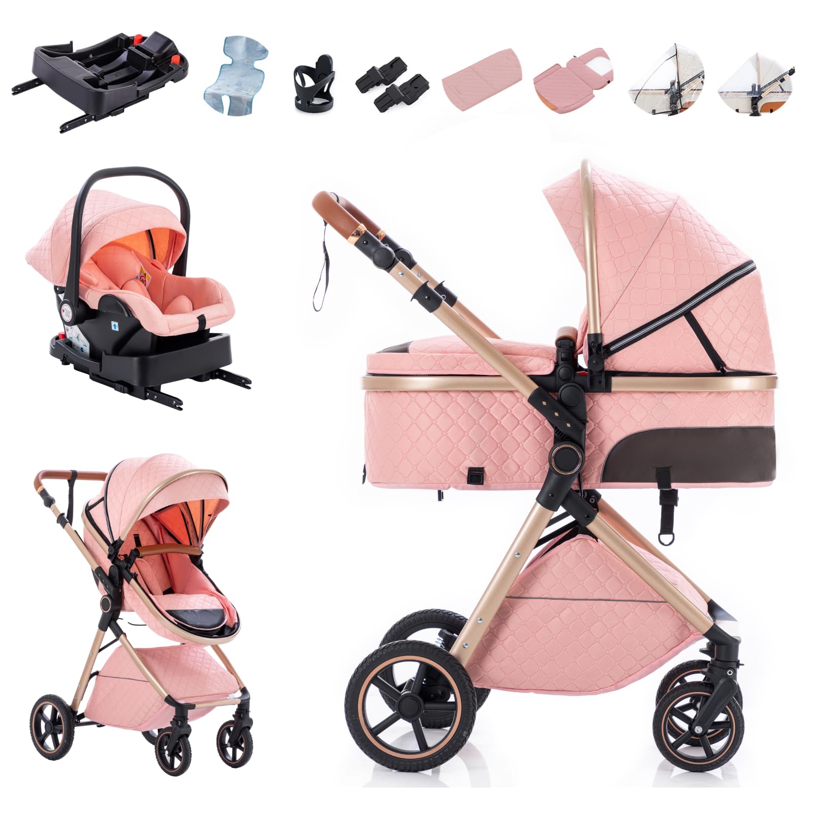 Zkiprm Passeggino 3 in 1 - passeggino neonati con Seggiolino Auto e base Isofix - Passeggino Pieghevole - Maniglia Regolabile in Altezza | Copripioggia | Sacco Piedi | Zanzariera | Portabibite,0-3