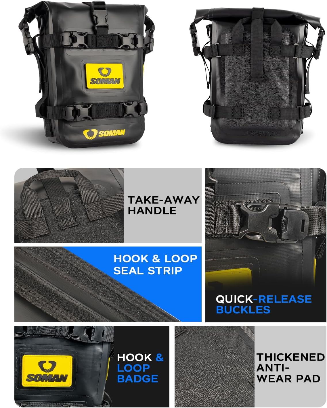 Waterproof Motorcycle Crash Bar Bag 6L, Motorcycle Tail Bag Luggage with Shoulder Straps, Dry Bag Saddle Bag Used in Saddle Rack Rear Fender for Travel & Adventure (Black)