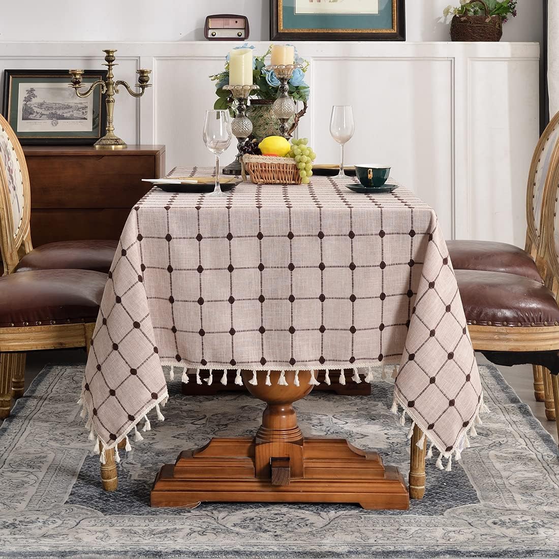 Bonnorth Embroidery Cotton Linen Tablecloth Rectangle with Tassel, Farmhouse Spill-Proof Dust-Proof Checkered Table Cover,Washable Decorative Table Cloth for Kitchen, Dining Room (60"x120" Coffee)