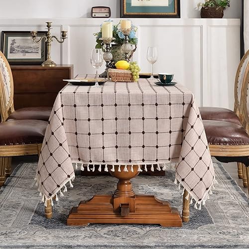Bonnorth Mantel bordado de lino de algodón rectangular con borla, a prueba de derrames, a prueba de polvo, mantel decorativo lavable para cocina,