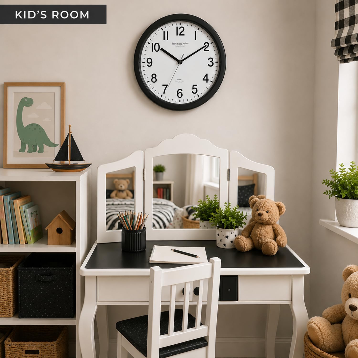 KQEC Wall Clock (Black) Round Battery Operated, 8.78" Overall Diameter with 7.68" Visible Clock Face, Modern Quartz Wall Clock with Analog Display for Home, Office, Kitchen, Den, Kid’s Room or Study