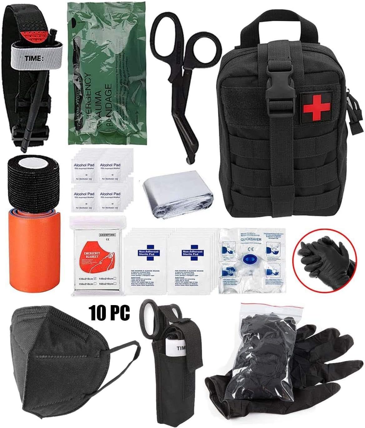ASA TECHMED Emergency Survival First Aid Kit, Tactical Black 5ply Face Mask, Tourniquet, Splint, Military Combat Tactical IFAK EMT for First Aid Response, Disaster Home Outdoor Camping, 10 Pcs : Sports & Outdoors