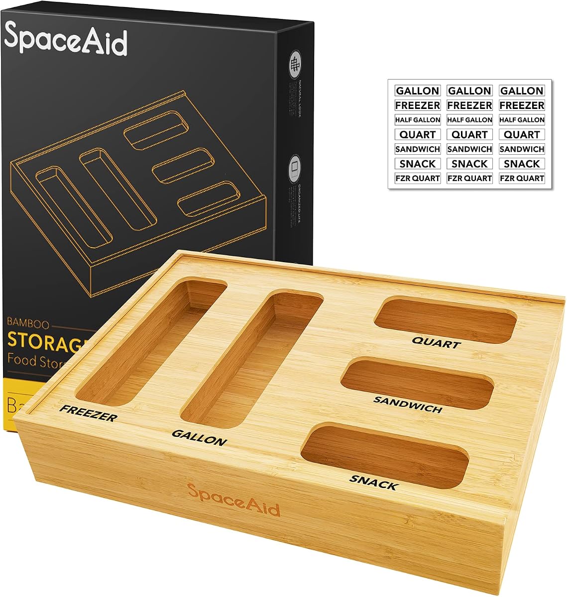 SpaceAid Bag Storage Organizer for Kitchen Drawer, Bamboo Organizer, Compatible with Gallon, Quart, Sandwich and Snack Variety Size Bag (1 Box 5 Slots)